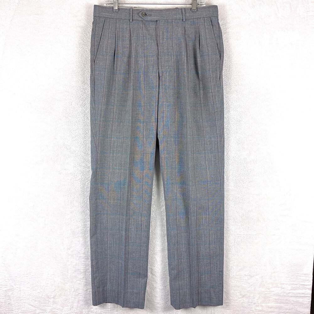 VTG J.Riggins Pants Mens 35x32 Gray Plaid Double Pleated Rayon Preppy 80s